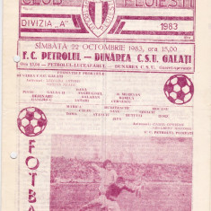 Program meci fotbal PETROLUL PLOIESTI - DUNAREA CSU GALATI 22.10.1983