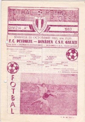 Program meci fotbal PETROLUL PLOIESTI - DUNAREA CSU GALATI 22.10.1983 foto