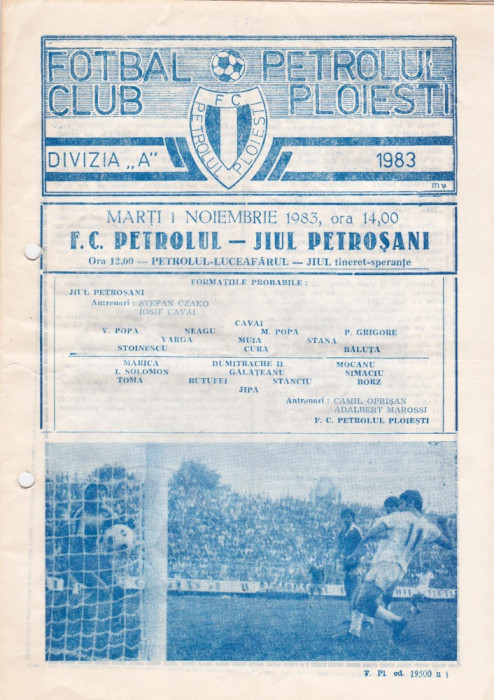 Program meci fotbal PETROLUL PLOIESTI - JIUL PETROSANI 01.11.1983