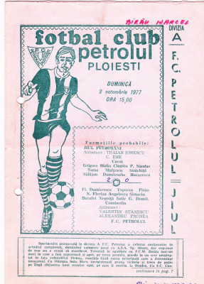 Program meci fotbal PETROLUL PLOIESTI - JIUL PETROSANI 02.10.1977 foto