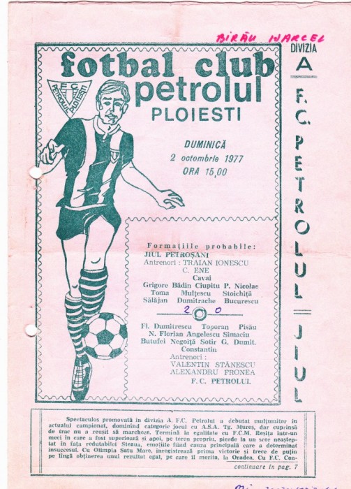 Program meci fotbal PETROLUL PLOIESTI - JIUL PETROSANI 02.10.1977