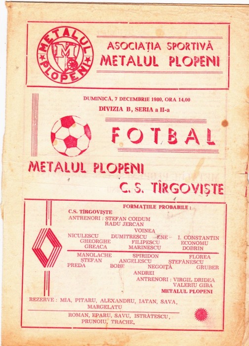 Program meci METALUL PLOPENI - CS TIRGOVISTE 07.12.1980