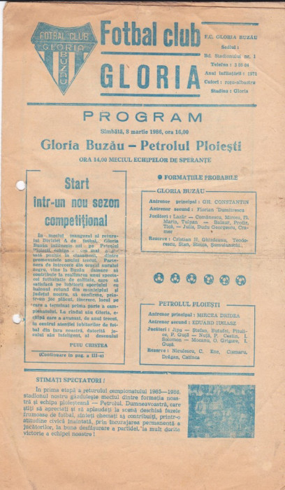 Program meci fotbal GLORIA BUZAU - PETROLUL PLOIESTI 08.03.1986
