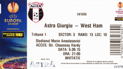 Bilet meci fotbal ASTRA GIURGIU - WEST HAM UNITED 06.08.2015 foto