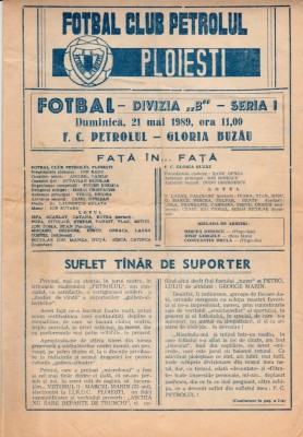 Program meci fotbal PETROLUL PLOIESTI - GLORIA BUZAU 21.05.1989 foto