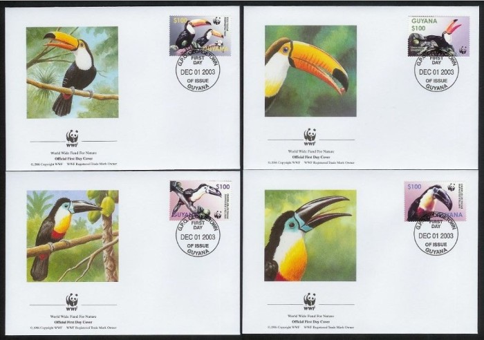 GUYANA 2003 WWF PASARI TOUCANI - SET 4 FDC-URI