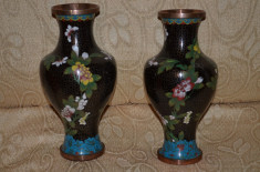 SET - 2 VAZE - CLOISONNE CHINA - Email - Superb model floral - 25 cm Inaltime ! foto