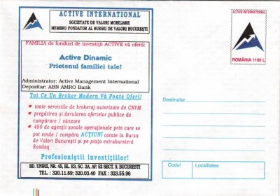 Reclama - Societate de valori mobiliare, intreg postal necirculat, 1999 foto