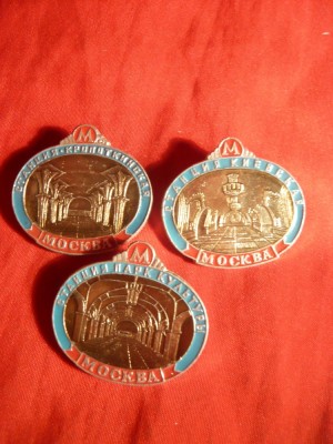 Set 3 Insigne - Metroul din Moscova , metal si email , L= 3 cm foto