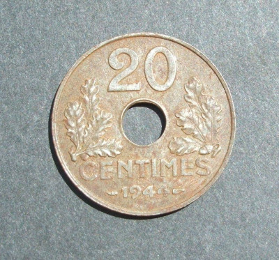 FRANTA 20 CENTIMES 1944 VARIANTA DE FIER / FOARTE RAR foto