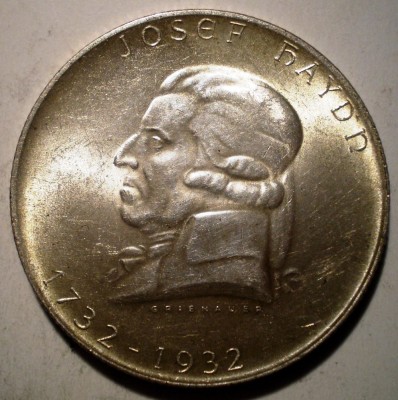 F.508 AUSTRIA HAYDN 2 SCHILLING 1932 XF/AUNC ARGINT 12g foto