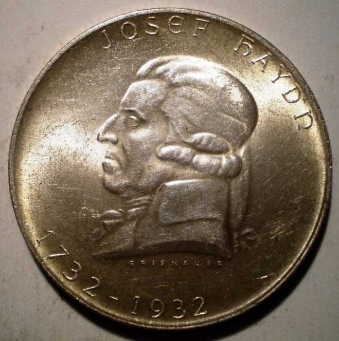 F.508 AUSTRIA HAYDN 2 SCHILLING 1932 XF/AUNC ARGINT 12g