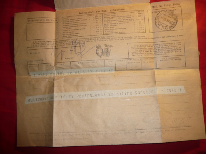 Telegrama Italiana trimisa de un roman in 1928 la Sinaia Castel Peles