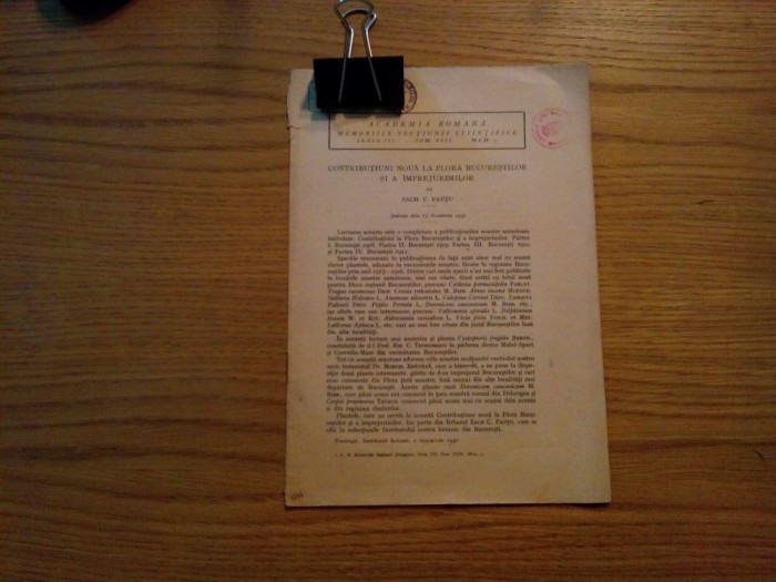 CONTRIBUTIUNI NOUA LA FLORA BUCURESTILOR SI A IMPREJURIMILOR - Zach. C. Pantu - 1931, 13 p.