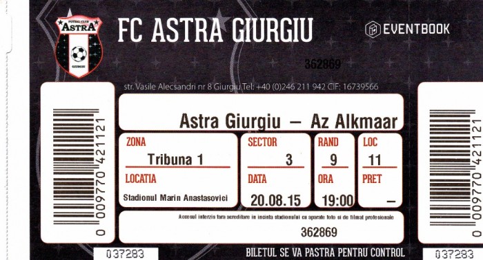 Bilet meci fotbal ASTRA GIURGIU - AZ ALKMAAR 20.08.2015 Europa League