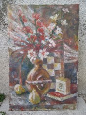 Natura statica - flori in vaza si pere , ulei pe panza