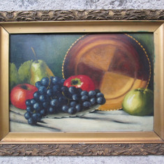 Natura statica , fructe , struguri si mere , ulei pe carton , tablou vechi