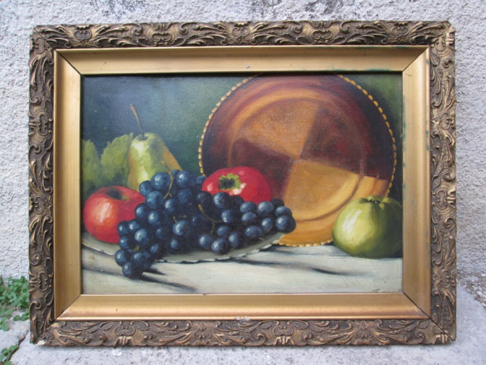 Natura statica , fructe , struguri si mere , ulei pe carton , tablou vechi
