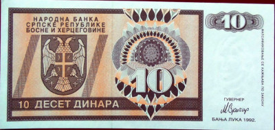 Bancnota 10 DINARI - BOSNIA-HERTEGOVINA, anul 1992 * Cod 785 = UNC foto