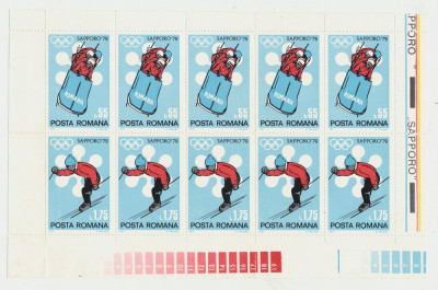 1972 ROMANIA Jocurile Olimpice Sapporo colita 10 timbre 55b &amp;amp; 1.75 L schi, bob foto