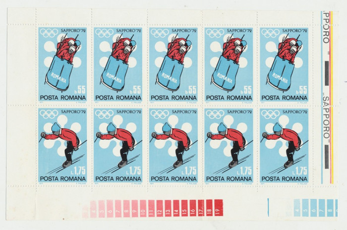 1972 ROMANIA Jocurile Olimpice Sapporo colita 10 timbre 55b &amp; 1.75 L schi, bob