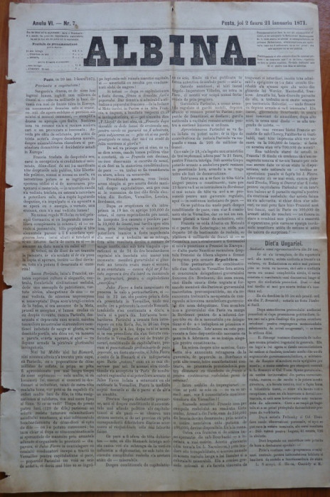 Ziarul Albina , nr. 7 , 1871 , Budapesta , in limba romana , Director V. Babes
