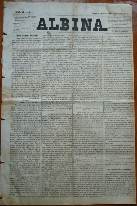 Ziarul Albina , nr. 4 , 1871 , Budapesta , in limba romana , Director V. Babes