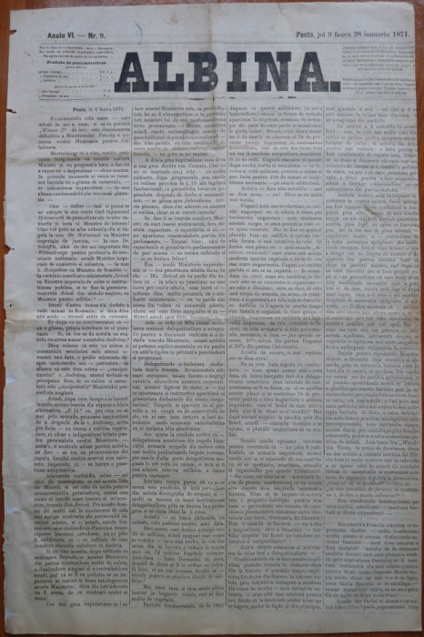 Ziarul Albina , nr. 9 , 1871 , Budapesta , in limba romana , Director V. Babes