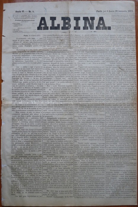 Ziarul Albina , nr. 9 , 1871 , Budapesta , in limba romana , Director V. Babes