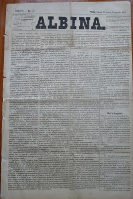 Ziarul Albina , nr. 16 , 1871 , Budapesta , in limba romana , Director V. Babes foto