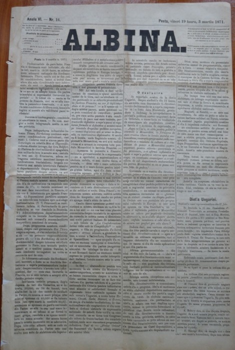 Ziarul Albina , nr. 16 , 1871 , Budapesta , in limba romana , Director V. Babes