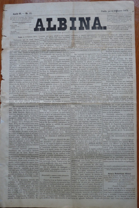 Ziarul Albina , nr. 11 , 1871 , Budapesta , in limba romana , Director V. Babes
