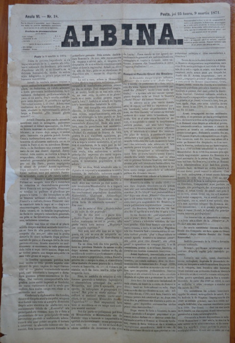 Ziarul Albina , nr. 18 , 1871 , Budapesta , in limba romana , Director V. Babes