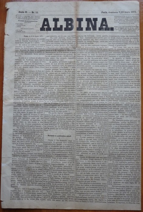 Ziarul Albina , nr. 12 , 1871 , Budapesta , in limba romana , Director V. Babes