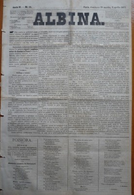 Ziarul Albina , nr. 28 , 1871 , Budapesta , in limba romana , Director V. Babes foto