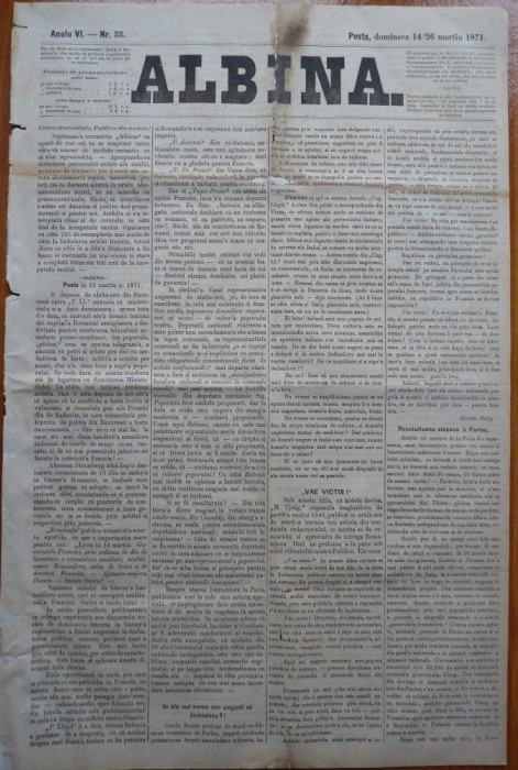 Ziarul Albina , nr. 23 , 1871 , Budapesta , in limba romana , Director V. Babes