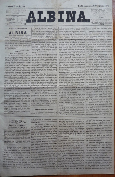 Ziarul Albina , nr. 30 , 1871 , Budapesta , in limba romana , Director V. Babes