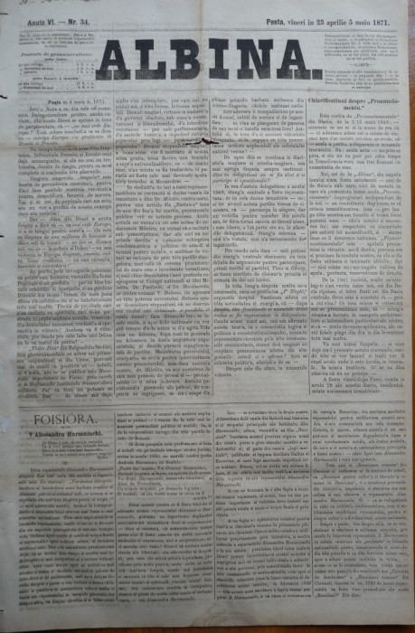 Ziarul Albina , nr. 34 , 1871 , Budapesta , in limba romana , Director V. Babes