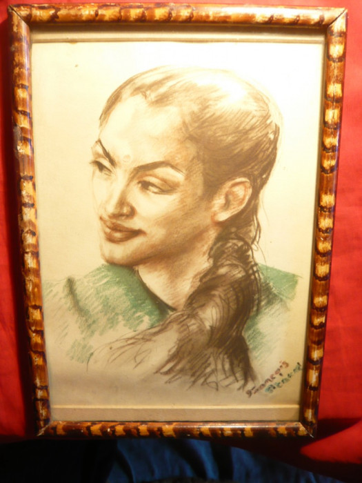 Tablou - Cap Indianca semnat Francois St&#039;Cerezi -creion si acuarela , 19x26 cm
