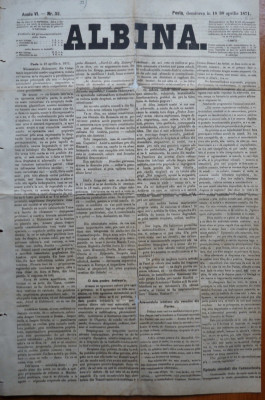 Ziarul Albina , nr. 32 , 1871 , Budapesta , in limba romana , Director V. Babes foto