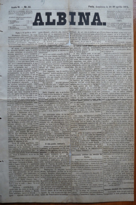 Ziarul Albina , nr. 32 , 1871 , Budapesta , in limba romana , Director V. Babes