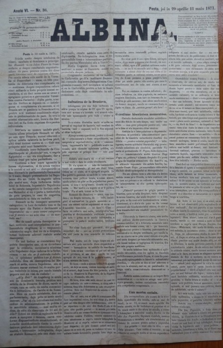 Ziarul Albina , nr. 36 , 1871 , Budapesta , in limba romana , Director V. Babes