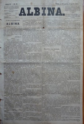 Ziarul Albina , nr. 27 , 1871 , Budapesta , in limba romana , Director V. Babes foto