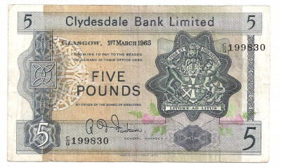 SCOTIA CLYDESDALE BANK LIMITED 5 POUNDS LIRE 1965 F foto