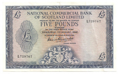 SCOTIA NATIONAL COMMERCIAL BANK OF SCOTLAND LIMITED 5 POUNDS LIRE 1966 XF foto