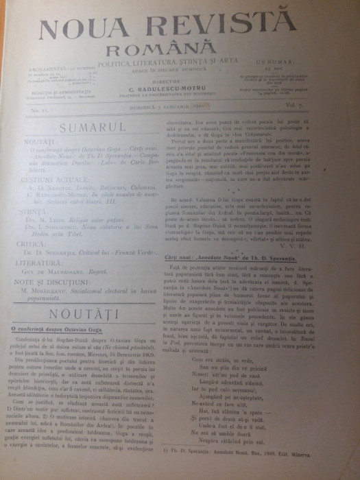 revista &quot;noua revista romana&quot; 3 ianuarie 1910-conferinta despre octavian goga