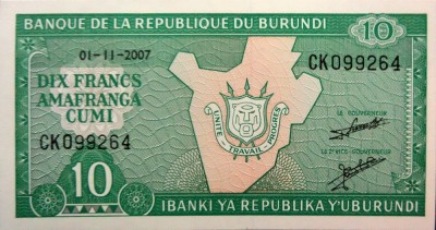 Bancnota exotica 10 FRANCI - BURUNDI, anul 2007 * Cod 824 = UNC foto