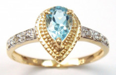 Inel aur galben 9k round cut,blue topaz natural si diamante,marime 7(US) foto