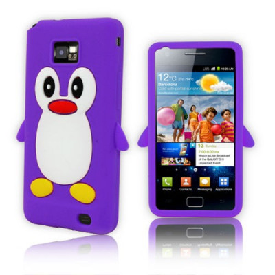 Husa silicon model pinguin mov Samsung Galaxy S2 i9100 + folie protectie ecran foto