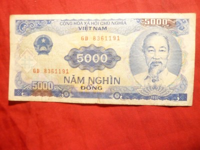 Bancnota 5000 dongi Vietnam , Ho Shi Min 1991 foto